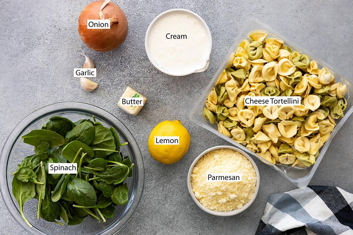 Ingredients: Onion, cream, garlic, butter, lemon, parmesan, cheese tortellini, and spinach.