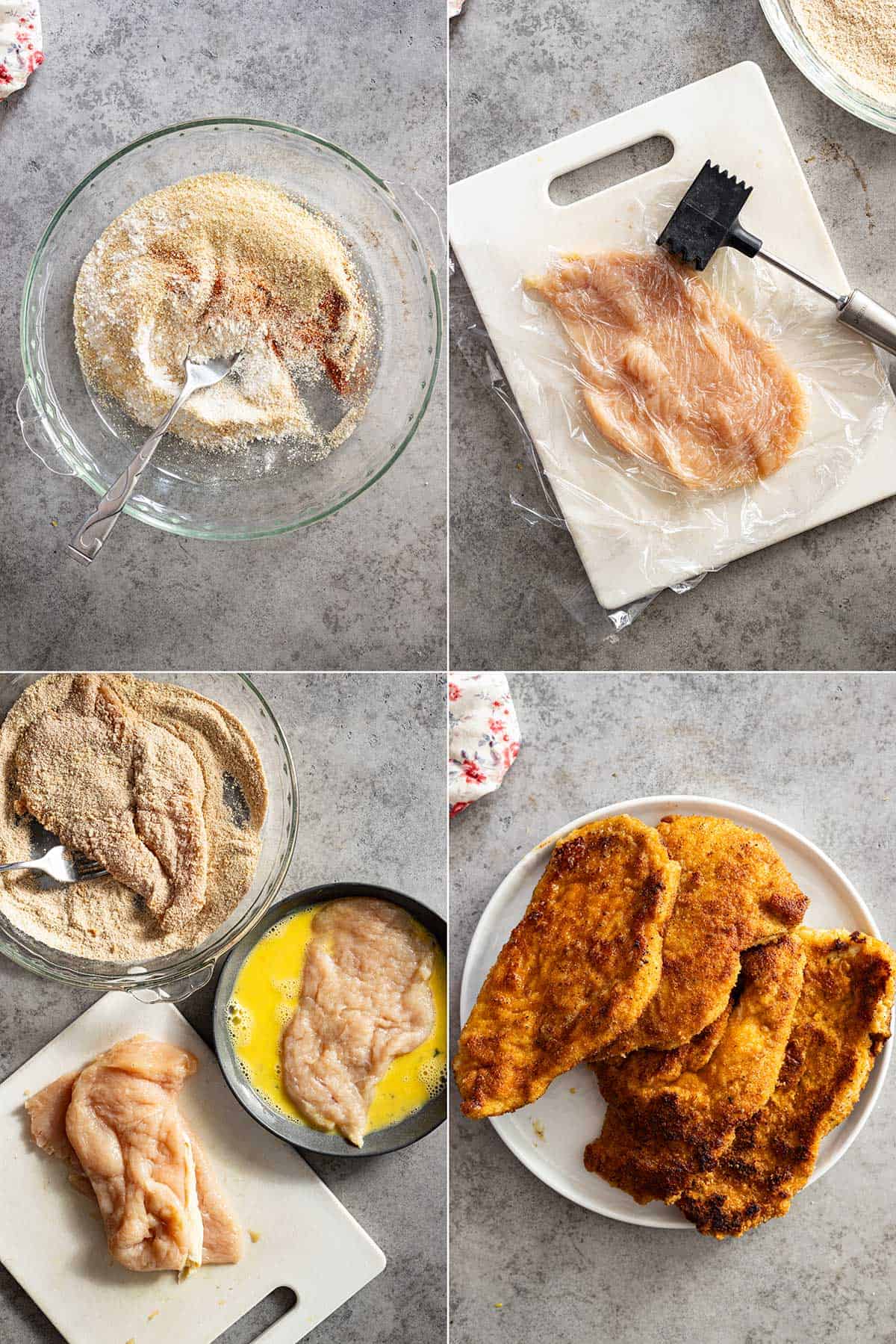 Four process photos: Mixing the flour coating, pounding the chicken, coating the chicken, and cooked chicken.