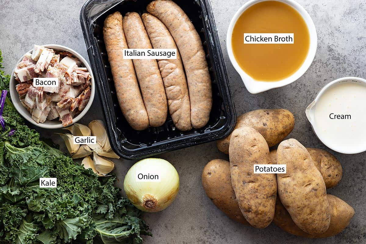 Ingredients: Italian sausage, broth, cream, potatoes, onion, garlic, bacon, and kale. 