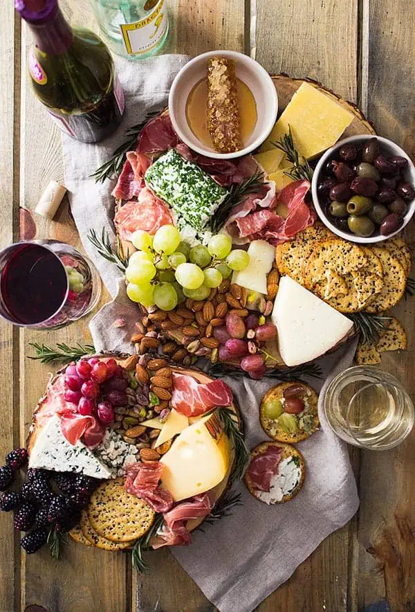 overhead: my easy charcuterie board with cheese, meat, and fruit