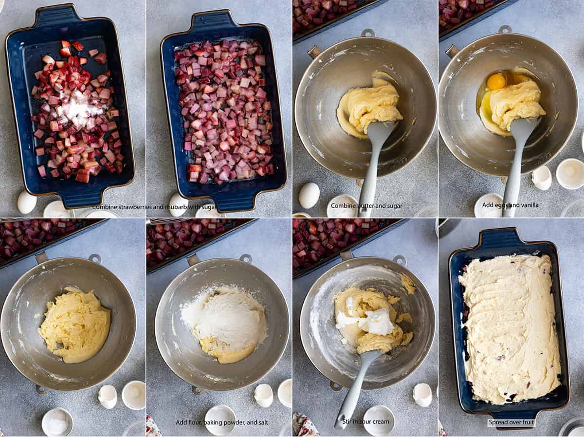 Four pictures showing how to assemble the pudding cake.