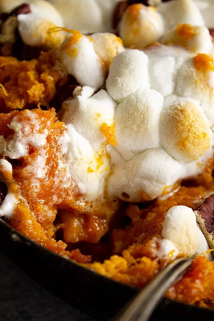 extreme closeup: old fashioned sweet potato casserole with toasted marshmallows on top