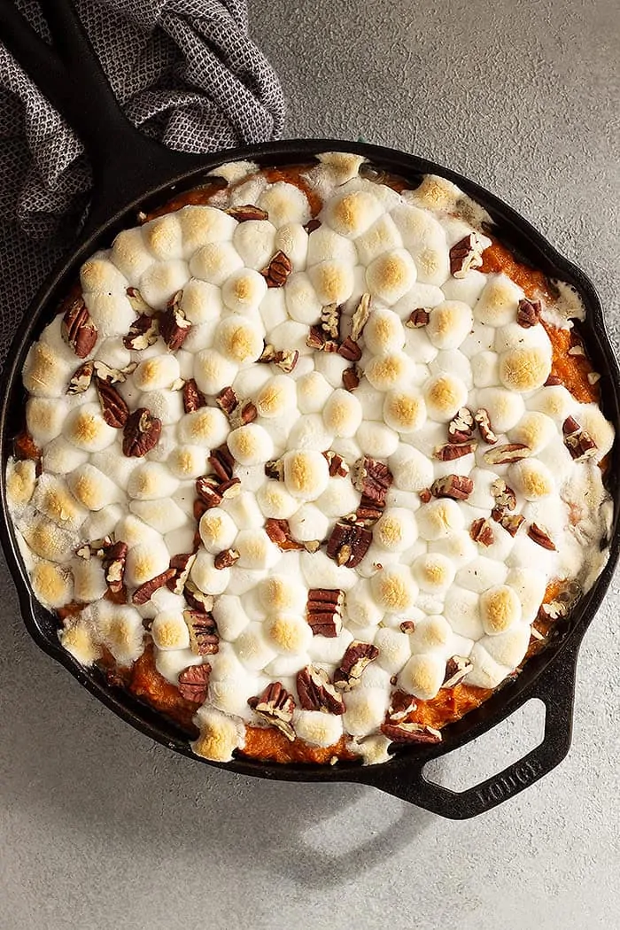 overhead: old fashioned sweet potato casserole freshly baked out of the oven