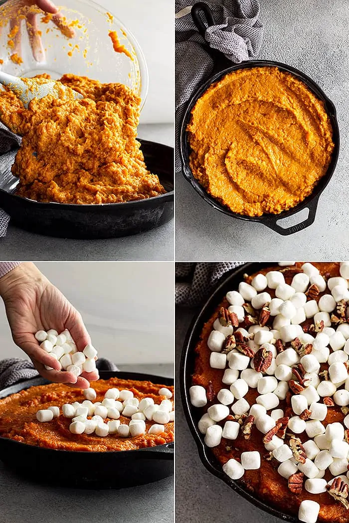 process shot collage: four images showing pouring the sweet potatoes into a cast iron skillet, smoothing the surface, topping with marshmallows, and then with pecans
