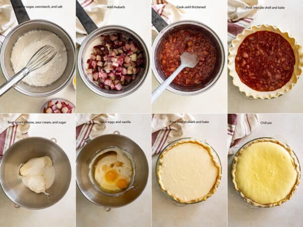 A picture collage showing the steps to making this cheesecake pie.