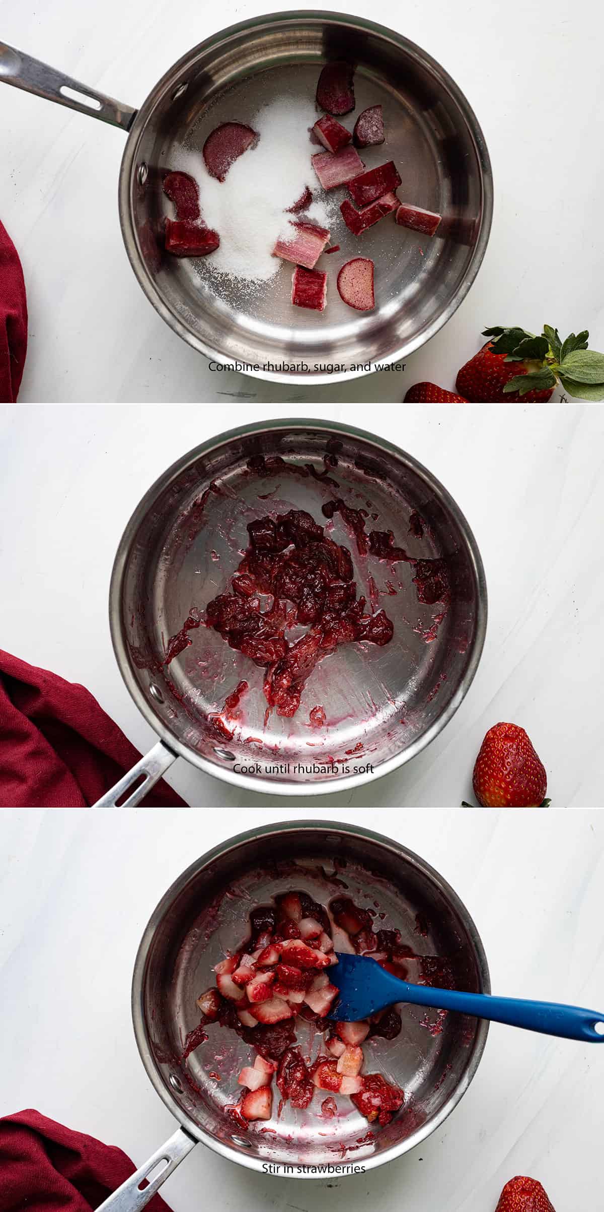 Three pictures showing how to make the fruit. 