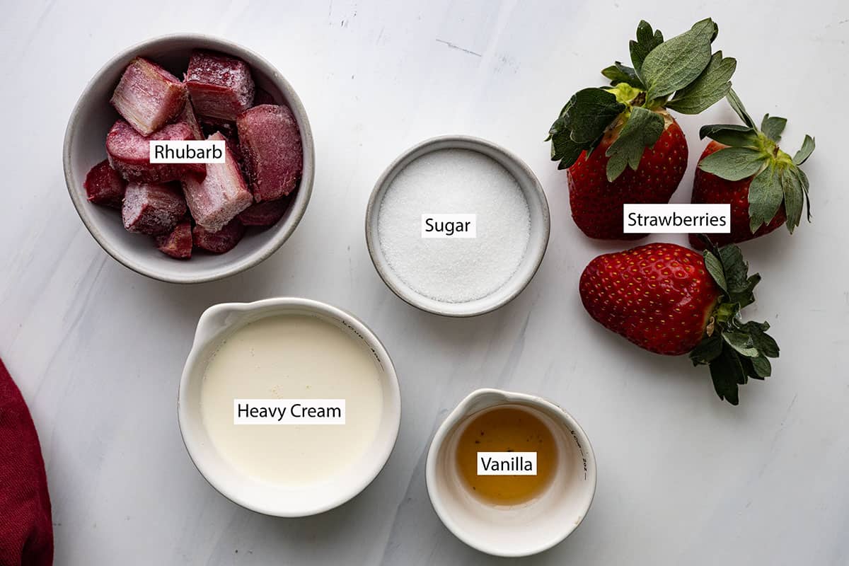 Ingredients: rhubarb, strawberries, sugar, vanilla, heavy cream