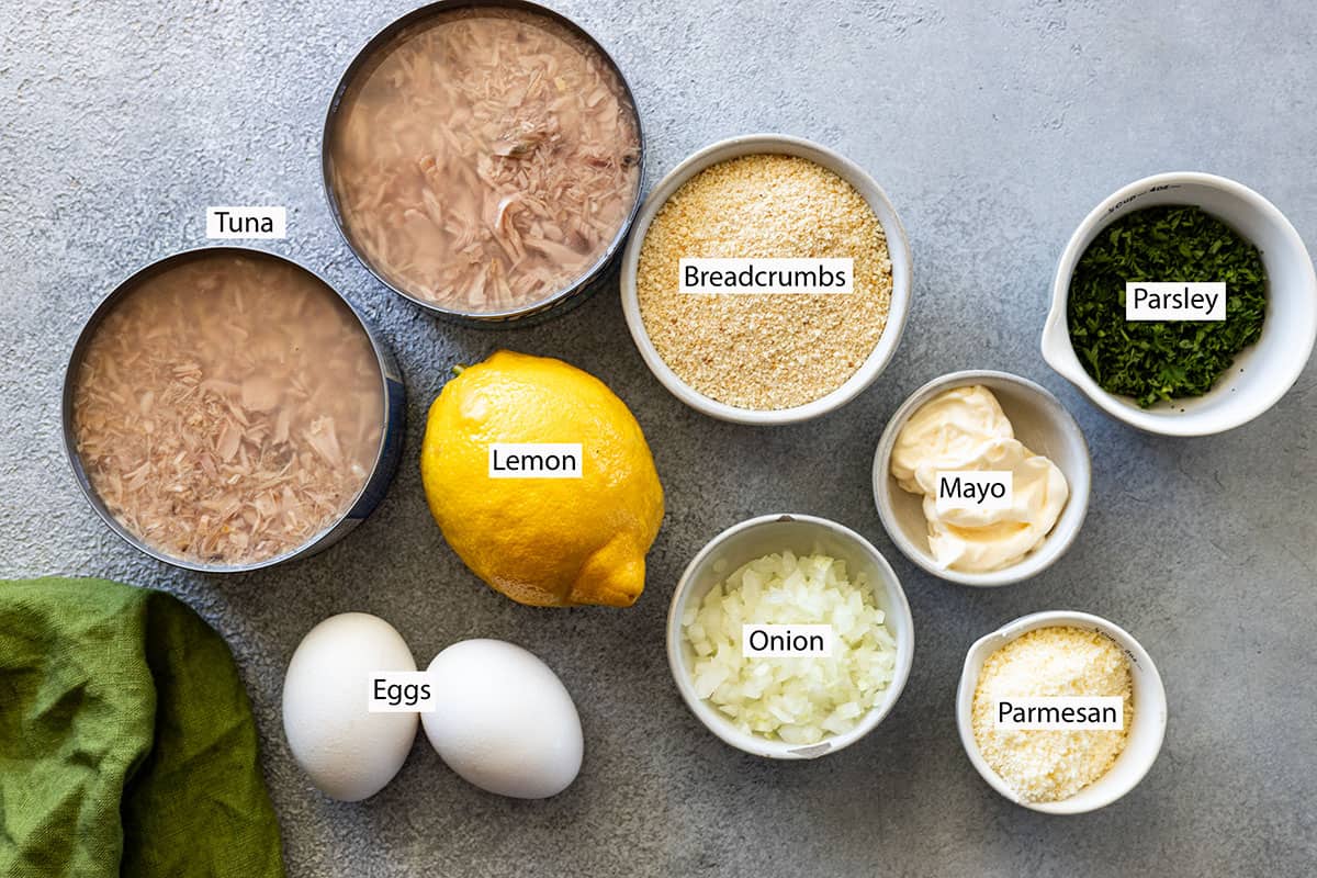 Ingredients: tuna, breadcrumbs, parsley, mayo, onion, parmesan, lemon, and eggs.