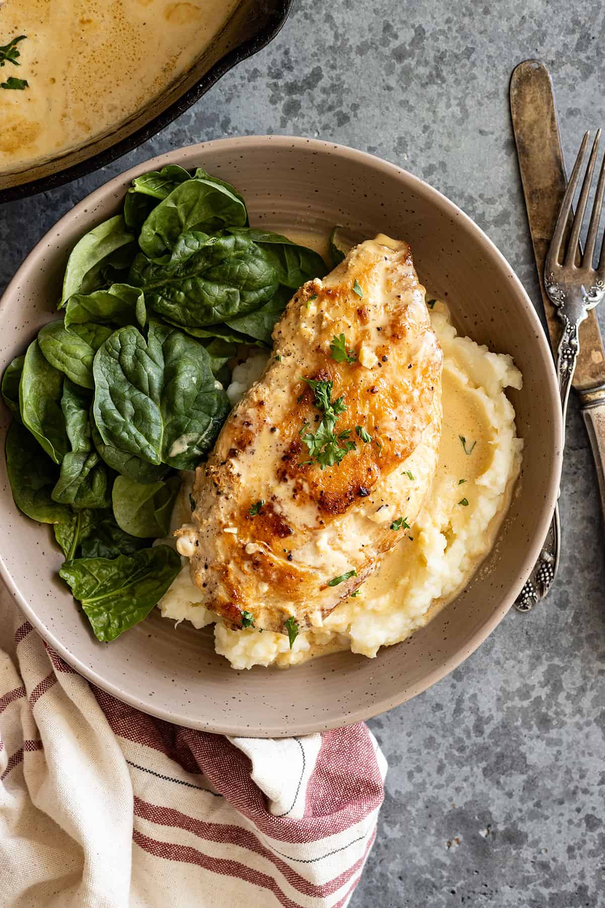 Overhead view of chicken on a plate with mashed potatoes and a side salad. 