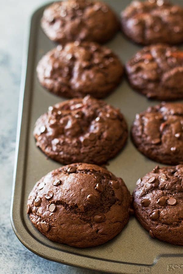 overhead closeup: double chocolate muffins baked in a muffin tin