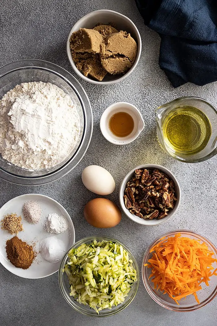 overhead: ingredients needed to make zucchini bread with carrot