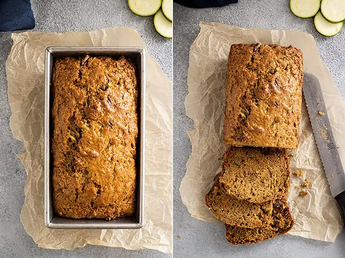 overhead shot collage: two pictures showing the whole loaf of my zucchini carrot bread recipe and one showing the bread sliced