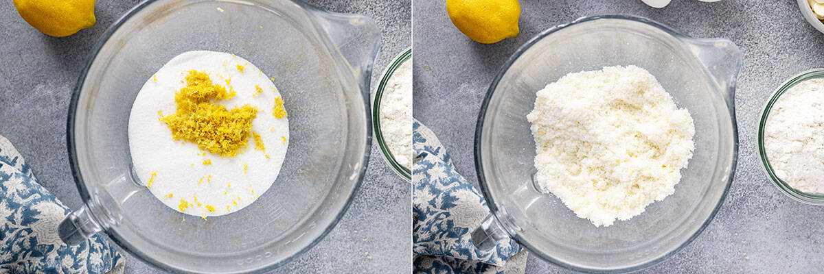 Two pictures showing how to combine the sugar and lemon zest.