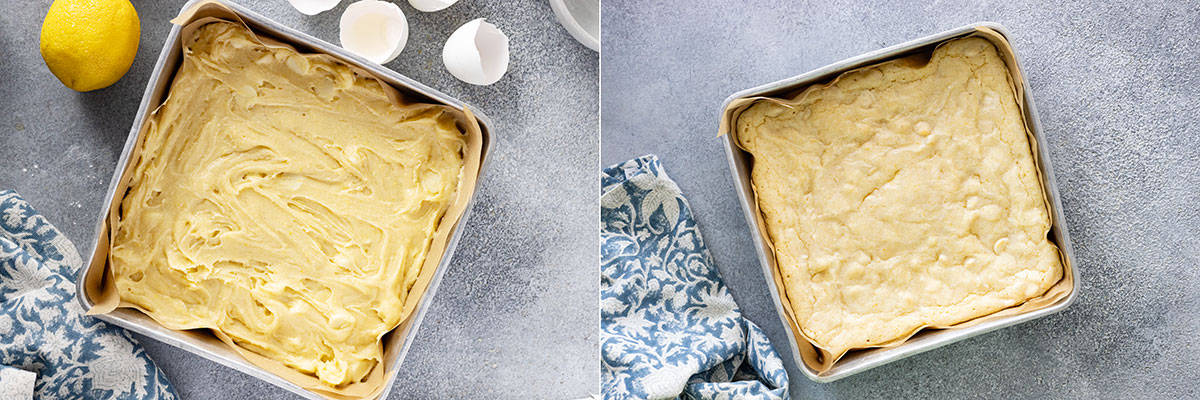 Two pictures: one showing spreading batter in a pan and the other showing it freshly baked from the oven.