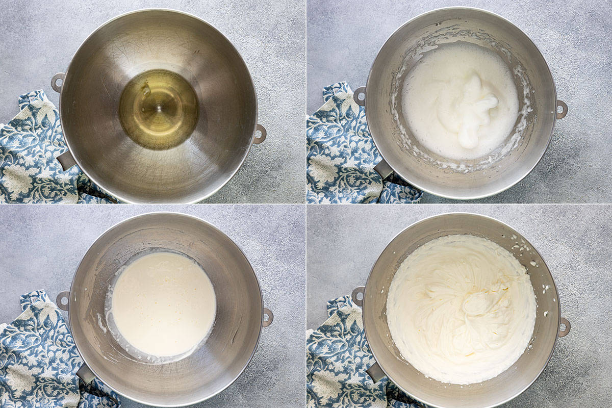 Four pictures showing how to whip the egg whites and heavy cream.