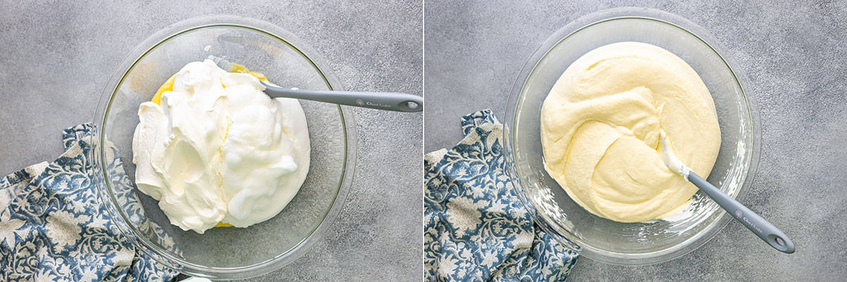 Two pictures showing how to fold in the egg whites and whipped cream.