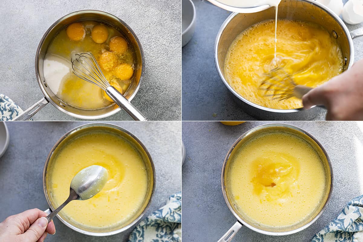 Four pictures showing how to make the lemon curd for the mousse. 