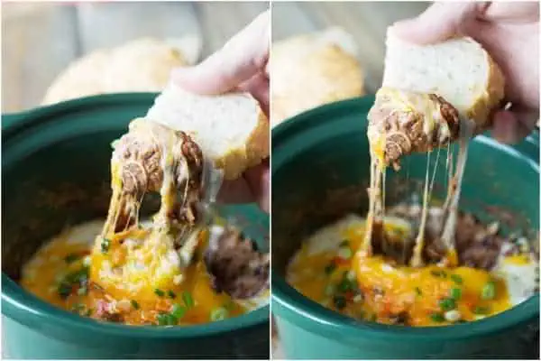 photo collage: two photos showing a hand dipping a piece of bread into mexican bean dip