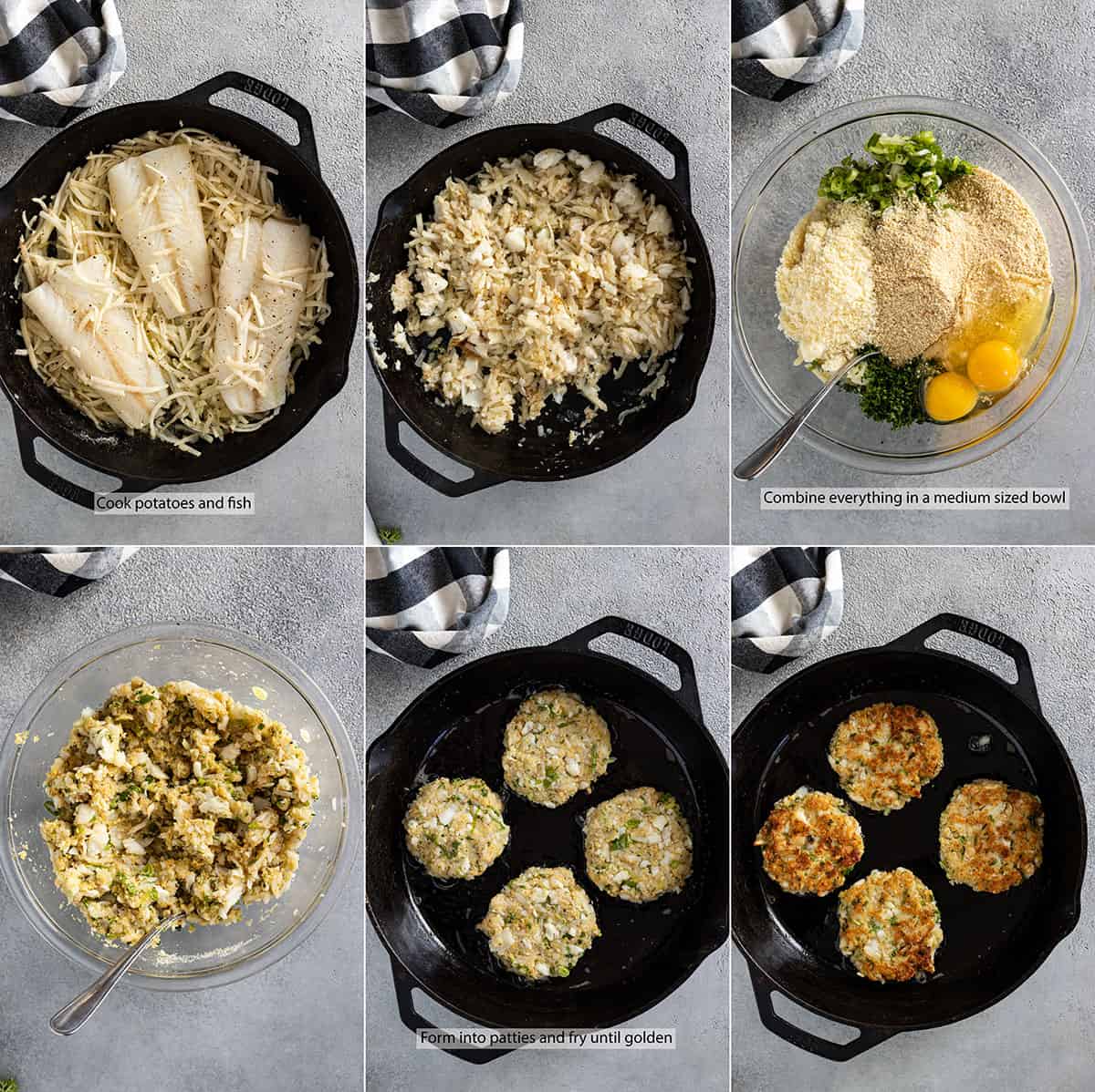 Six pictures showing how to mix and fry the cakes. 