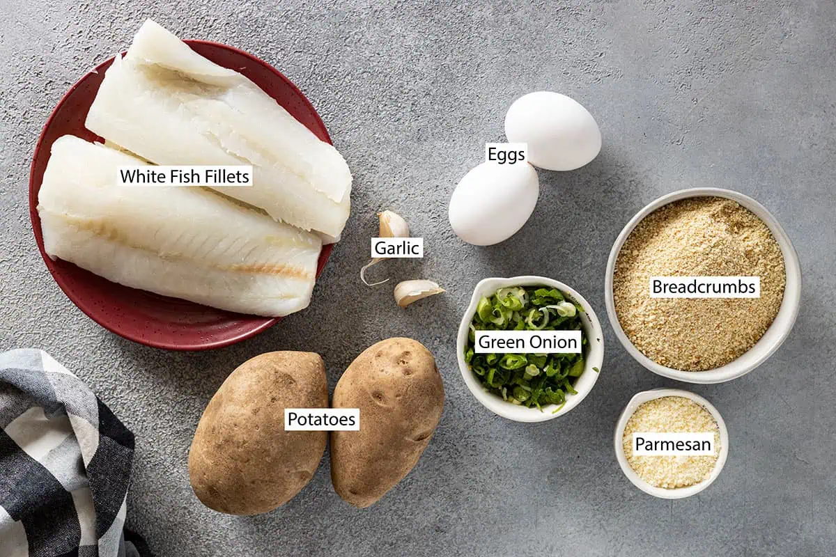 Ingredients: white fish, eggs, garlic, green onion, parsley, breadcrumbs, parmesan, and potatoes. 