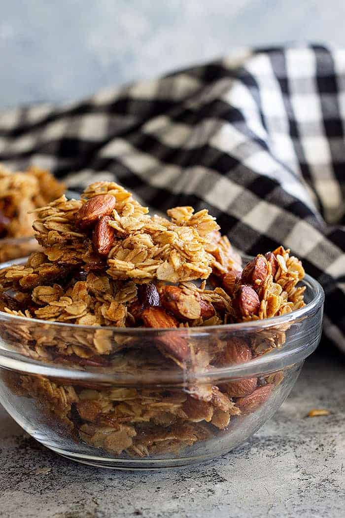 closeup: clusters of almond honey granola recipe in a bowl