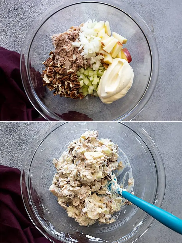 overhead process shot collage: image on top shows all the ingredients for tuna and apple salad in a bowl; imagine on bottom shows them mixed together