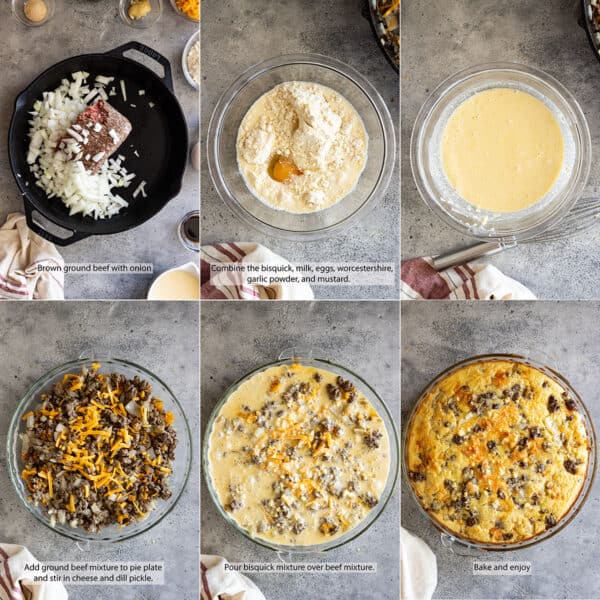 Six pictures showing how to mix together the pie ingredients.