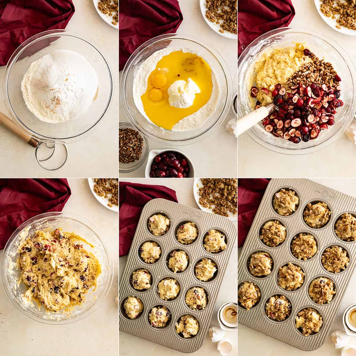 Six pictures showing how to make the batter and top the muffins with the topping.