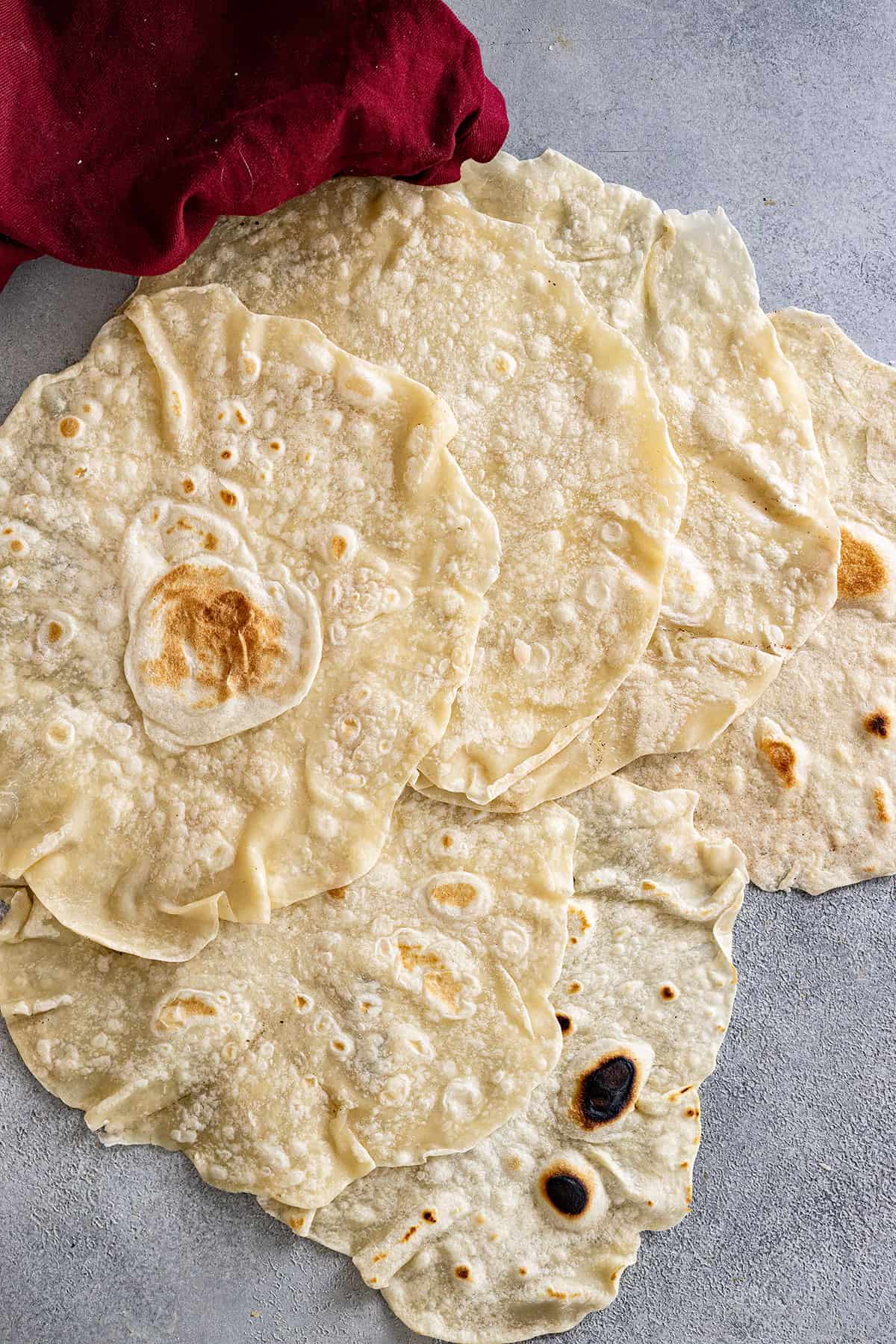 Overhead view of cooked tortillas.