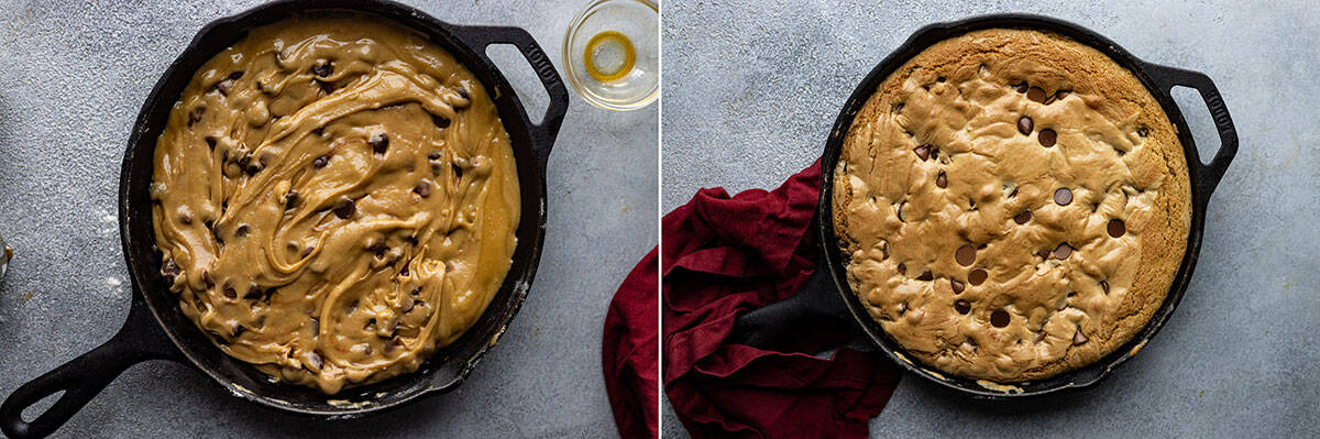 Two pictures. One of the cookie ready to go into the oven and the other of it coming out of the oven. 