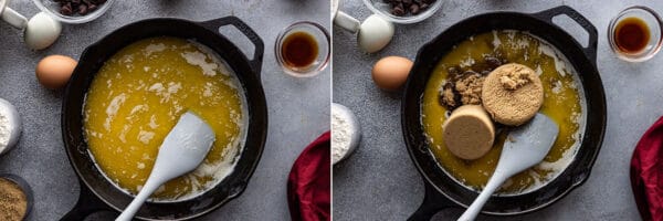 Two pictures showing melting the butter and adding the brown sugar.