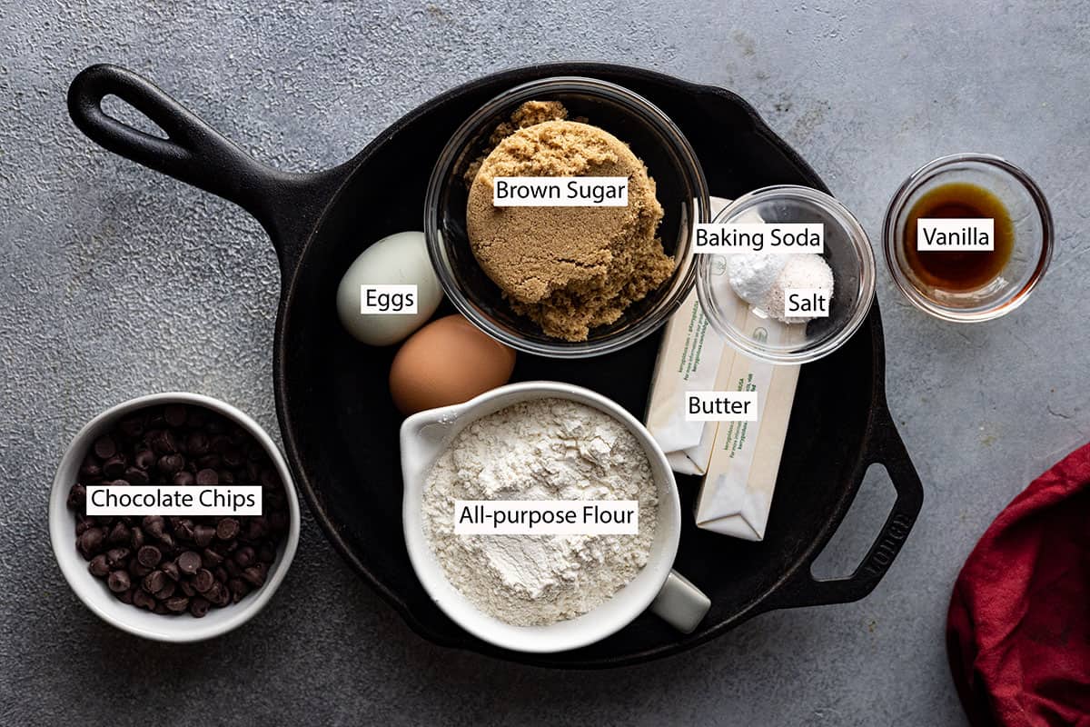 Ingredients: brown sugar, eggs, butter, baking soda, salt, vanilla, flour, chocolate chips. 