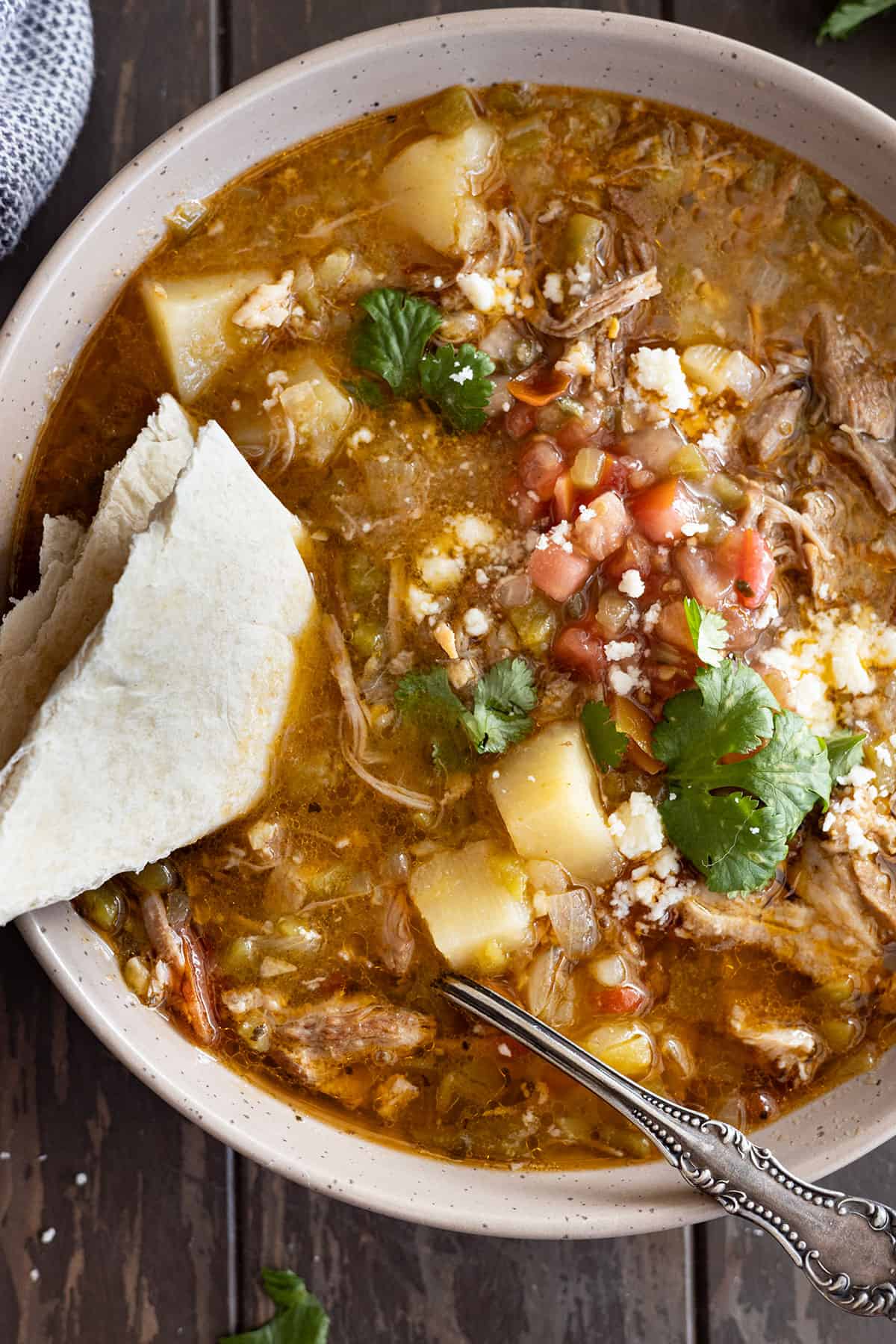 Overhead view of stew in a bowl with a spoon and a tortilla in the soup. 