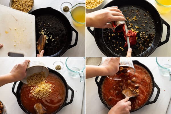 Four pictures showing how to make the pasta dish.