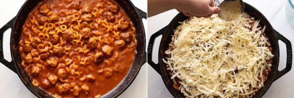 Two pictures showing pasta finished cooking and then being topped with cheese.