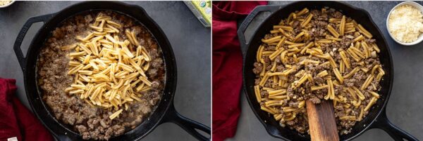 Two pictures showing adding in the rest of the ingredients then the finished dish.