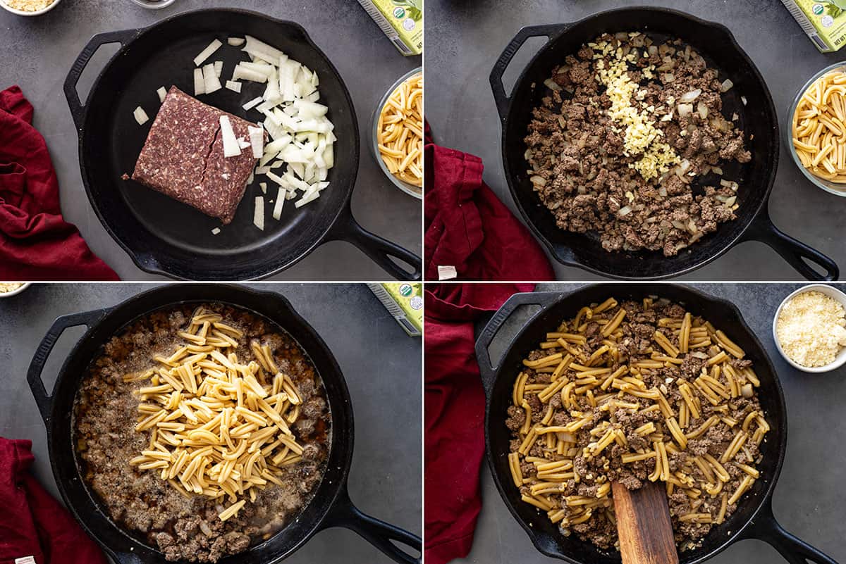 Four pictures showing how to make the pasta dish.
