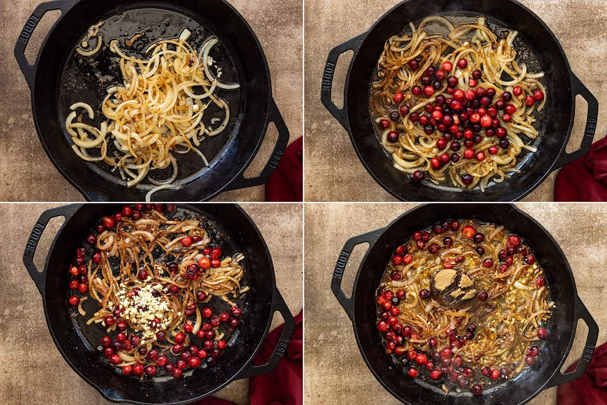 Four pictures showing how to cook the onions, cranberries and make the sauce. 