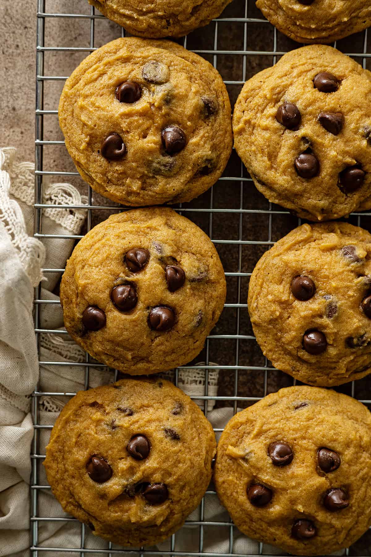 Pumpkin chocolate chip cookies cooling on a cooling rack.