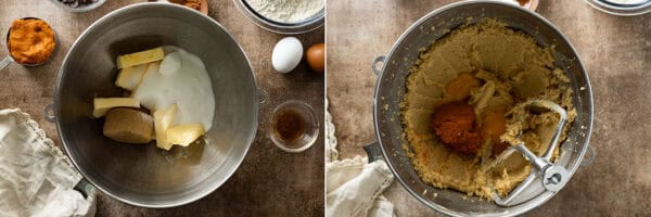 Two pictures showing how to cream the butter with sugars then adding in the egg yolks, pumpkin, and vanilla.