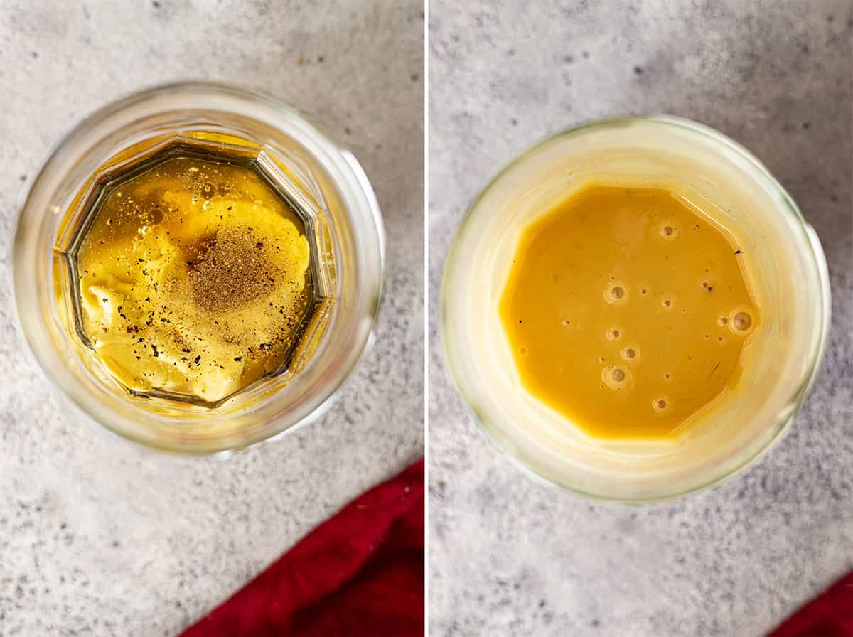 Two pictures showing how to make the dressing for the salad. 