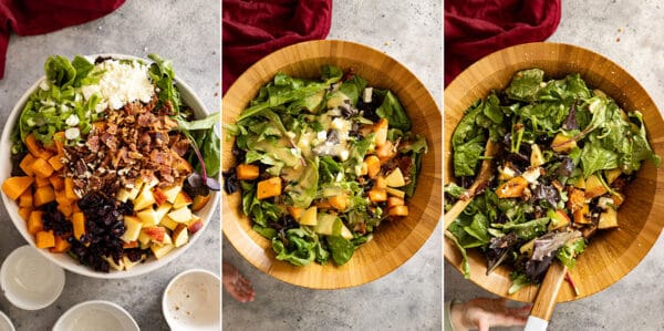 Three pictures showing how to assemble the salad for serving.
