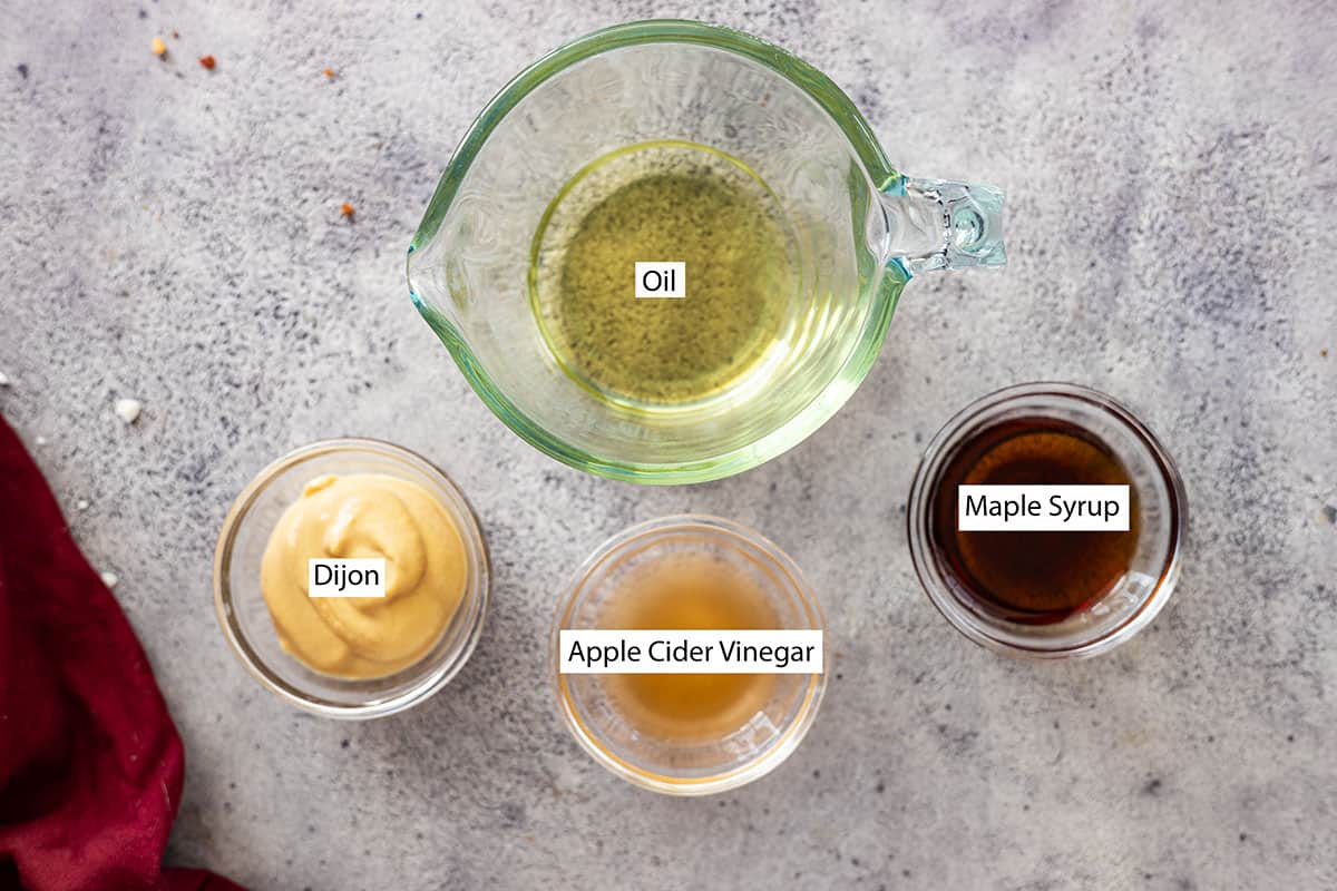 Ingredients: oil, dijon mustard, apple cider vinegar, maple syrup. 