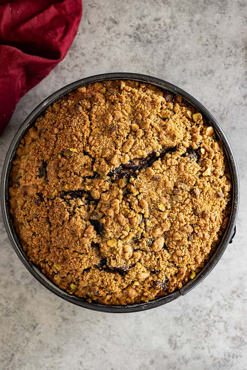 Overhead view of finished cranberry pistachio coffee cake. Nice and golden brown. 