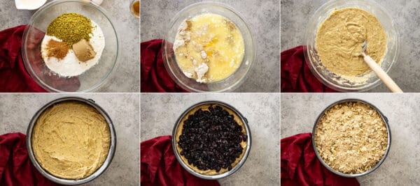 Six pictures showing how the mix up the cake.