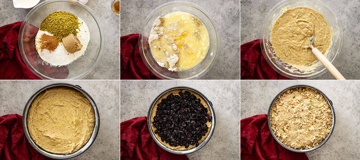 Six pictures showing how the mix up the cake. 