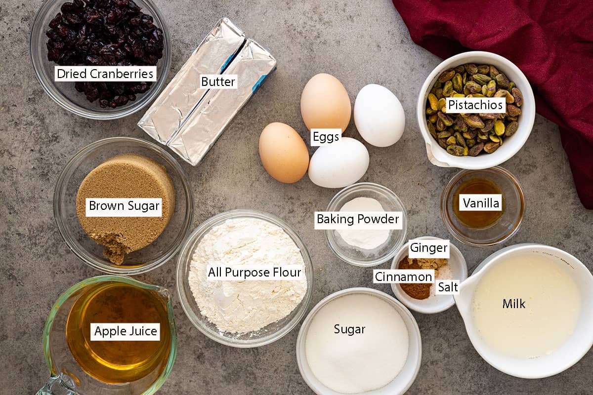 Dried cranberries, butter, eggs, pistachios, vanilla, buttermilk, cinnamon, ginger, salt, sugar, flour, brown sugar, apple juice. 