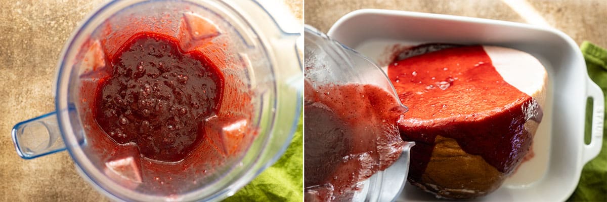 two pictures showing blending the glaze and pouring over the ham. 