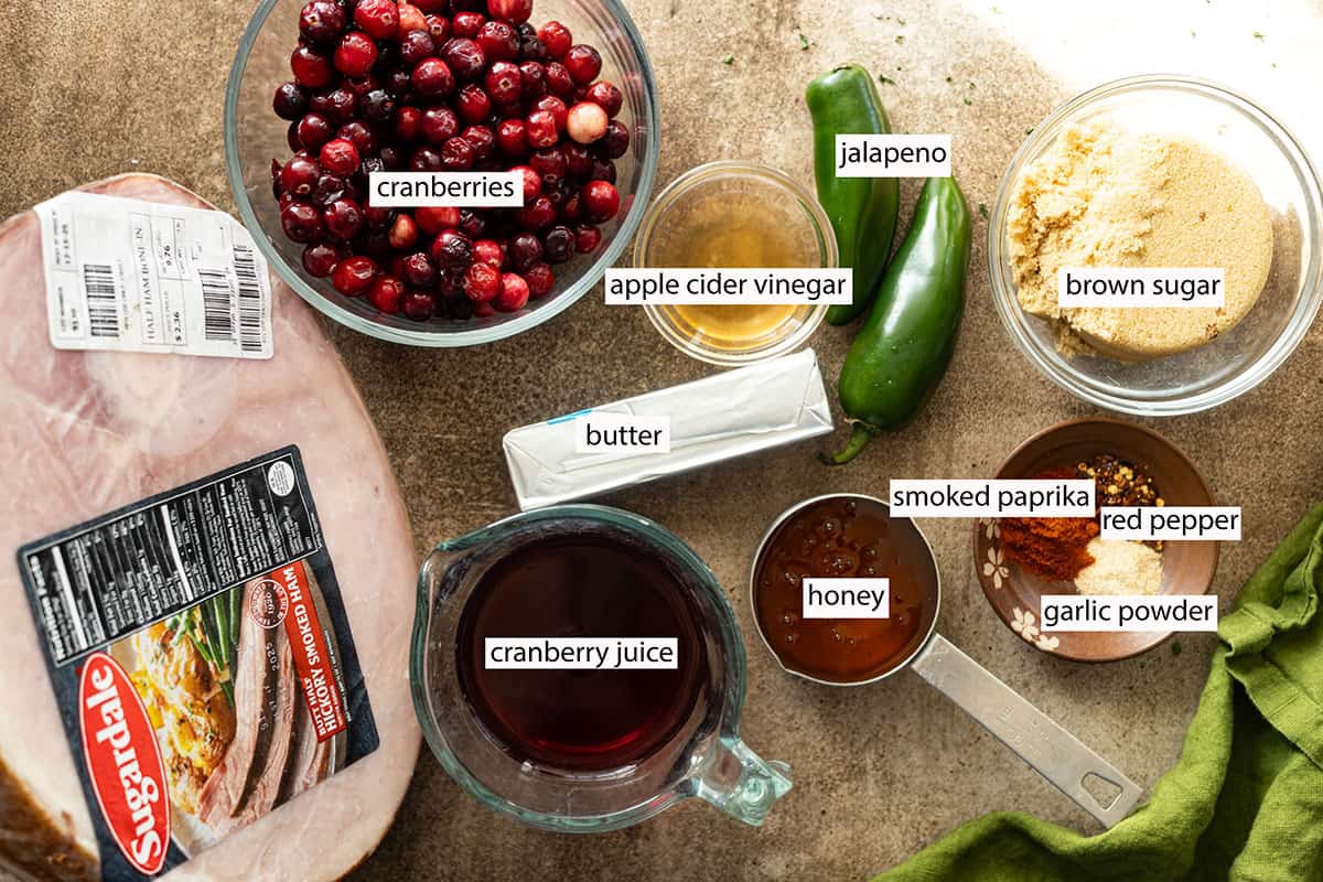 ingredients: cranberries, ham, brown sugar, jalapenos, apple cider vinegar, butter, cranberry juice, honey, smoked paprika, garlic powder, red pepper.