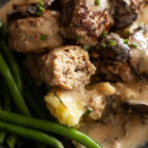 close up of meatball with bite taken out.